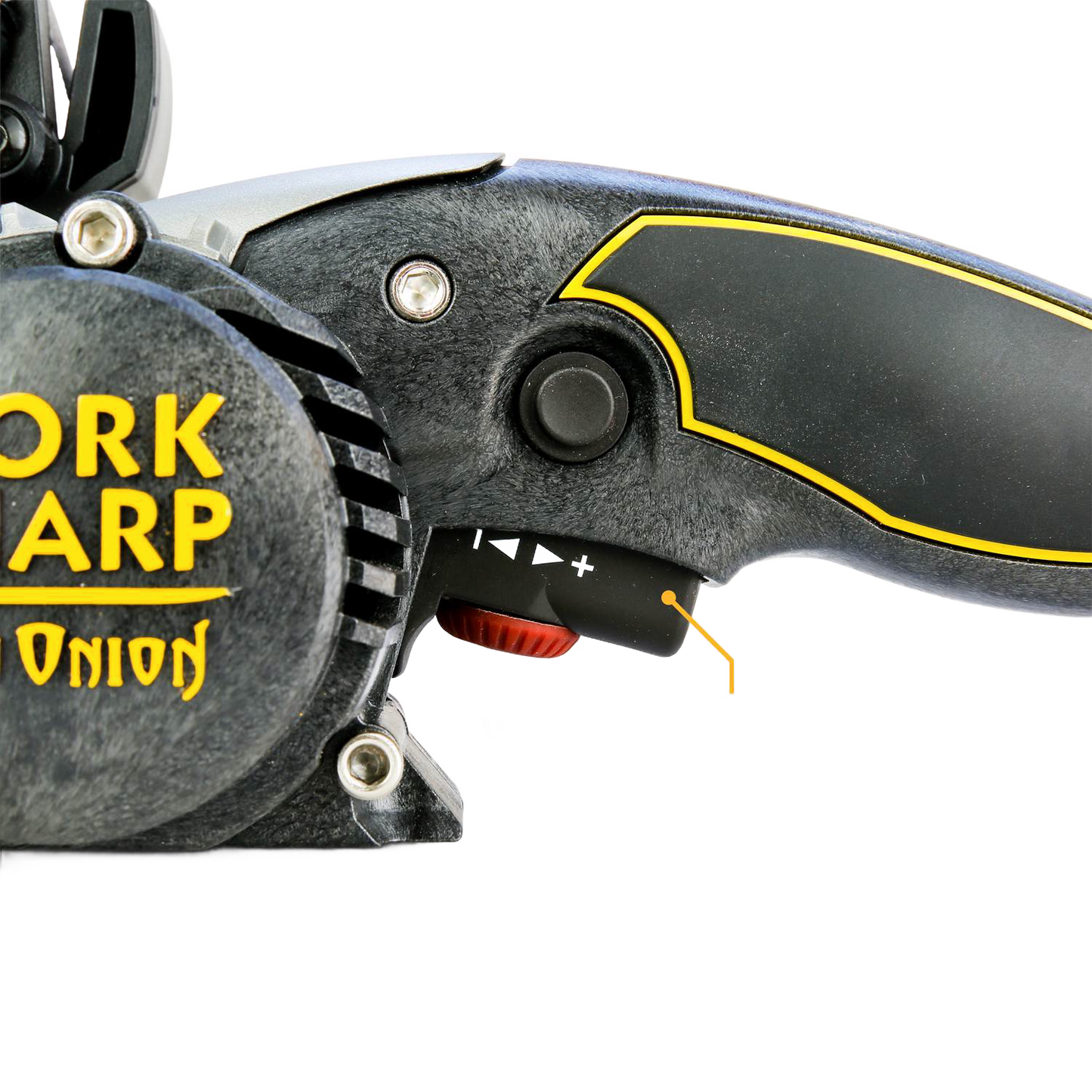 Close-up of black and yellow ergonomic handle and adjustment dial on a Work Sharp Ken Onion tool sharpener