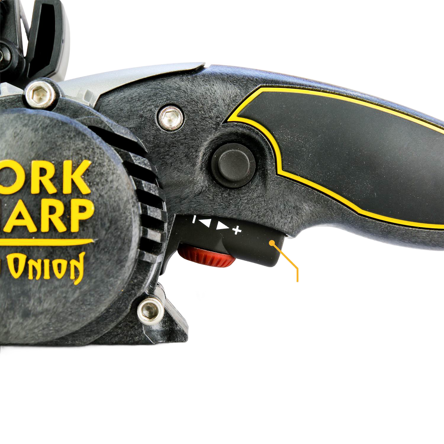Close-up of black and yellow ergonomic handle and adjustment dial on a Work Sharp Ken Onion tool sharpener