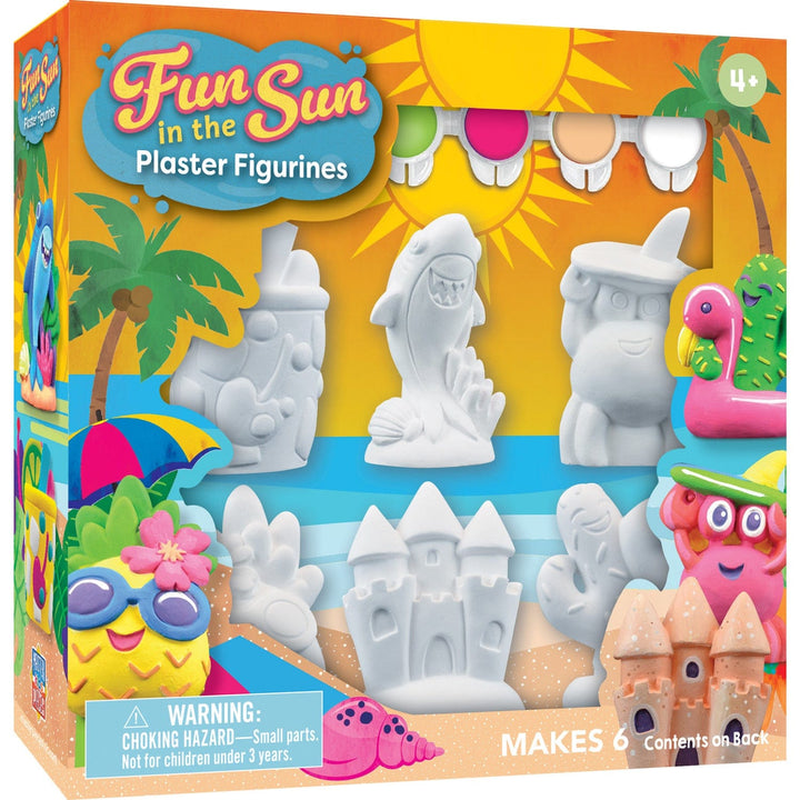 Plaster figurine paint set with six beach-themed designs including sandcastle and tropical characters for creative home projects