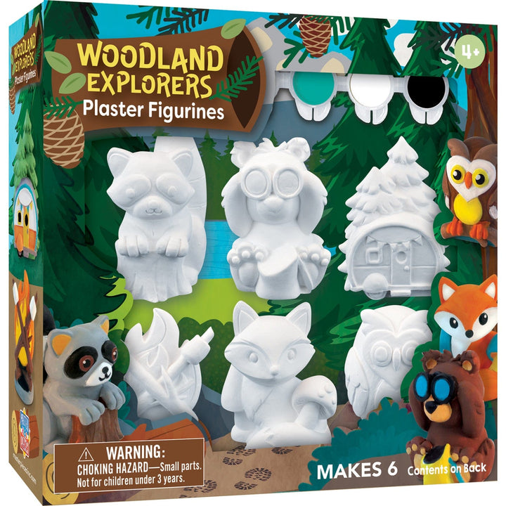 Unpainted plaster woodland animal figurines including raccoon, owl, and fox for creative craft and decoration use
