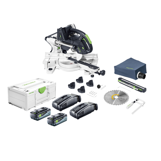 Cordless compound miter saw combo kit with batteries, charger, carrying case, blade, and accessories for woodworking.