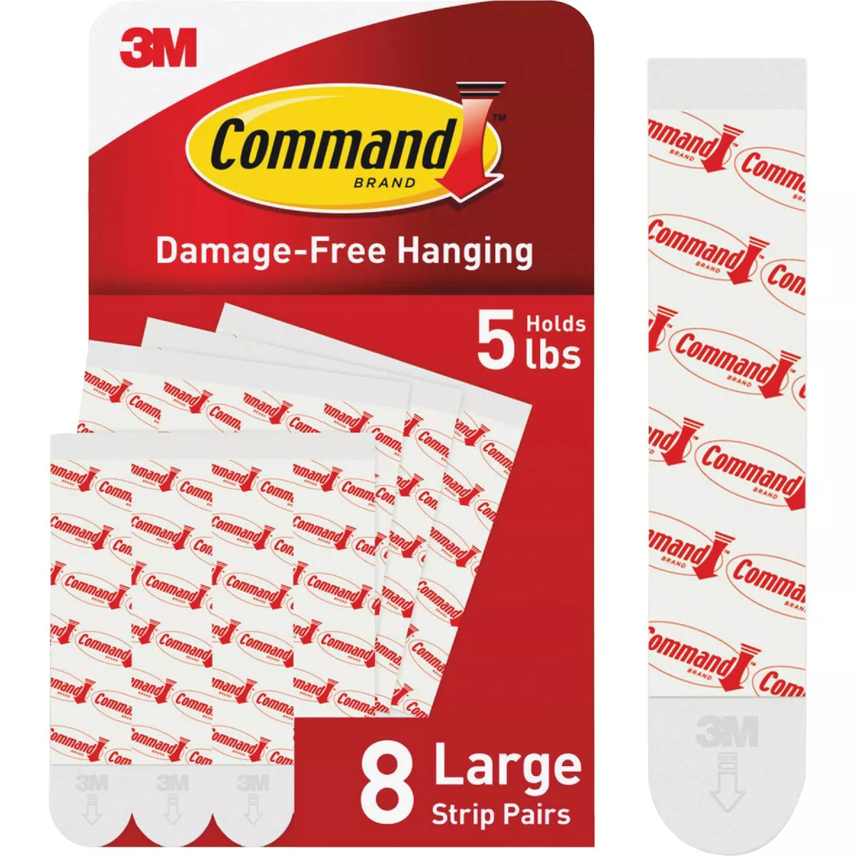 3M Command damage-free large adhesive strips pack of 8 pairs for indoor hook hanging under 5 lbs in hardware fasteners