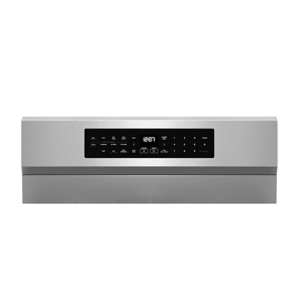 Stainless steel gas range digital control panel with timer and cooking mode options from Ranges collection