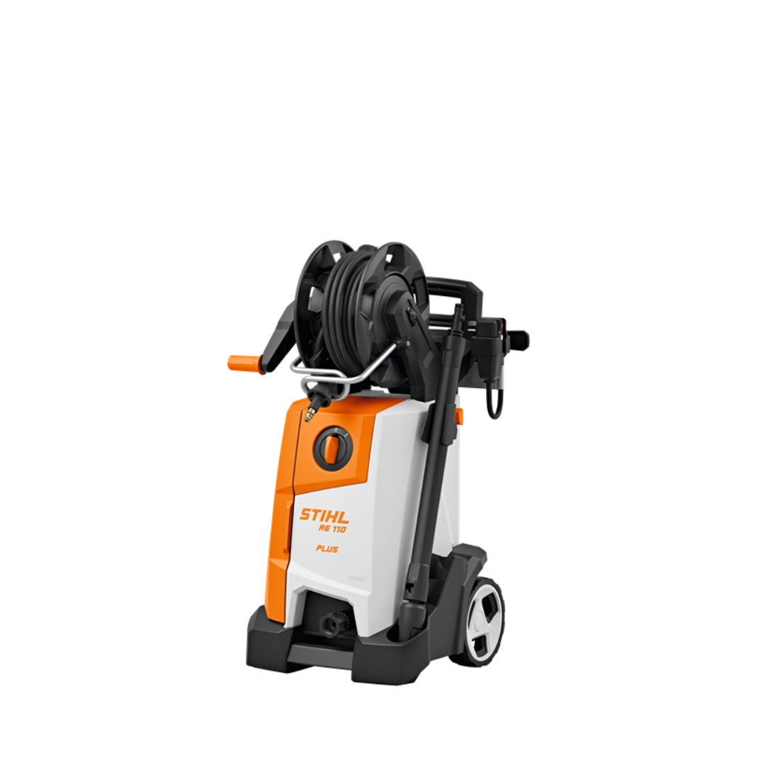 Orange and white electric pressure washer with hose reel and wheels for easy outdoor cleaning in home improvement tasks
