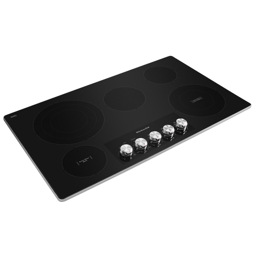 36-inch black electric cooktop with five radiant elements and stainless steel knob controls in kitchen appliances collection