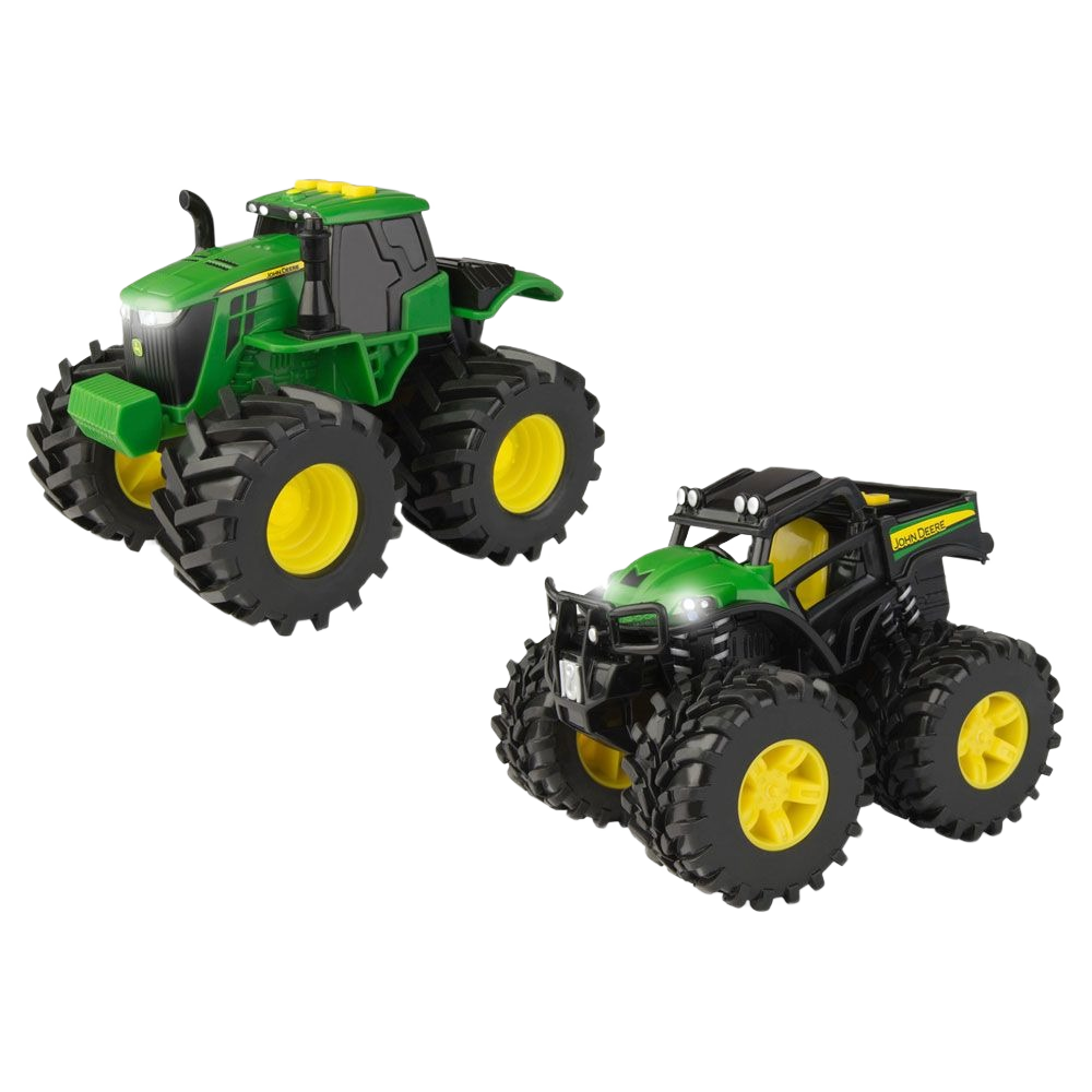 Pair of green and yellow toy vehicles with oversized black tires designed for rugged terrain play and outdoor fun