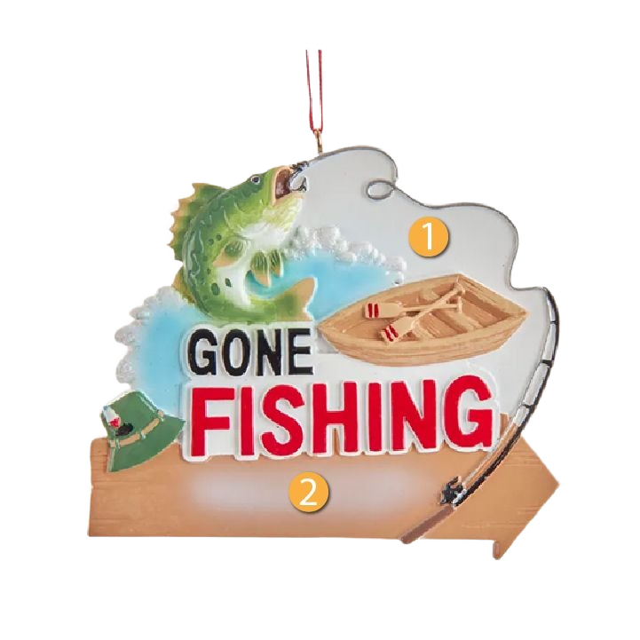 Decorative fishing ornament with a jumping fish, wooden boat, fishing rod, and green hat with “Gone Fishing” text
