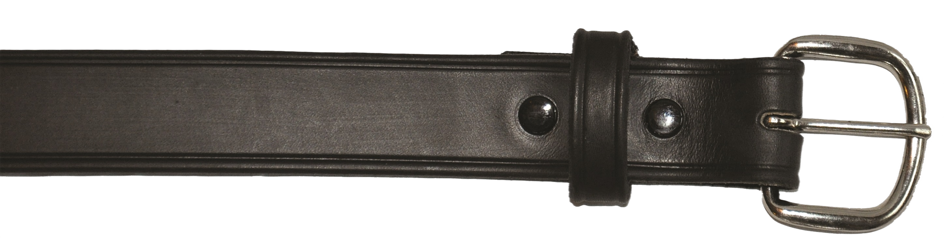 Black leather dress belt with silver metal buckle and sturdy loop for formal or casual wear accessories