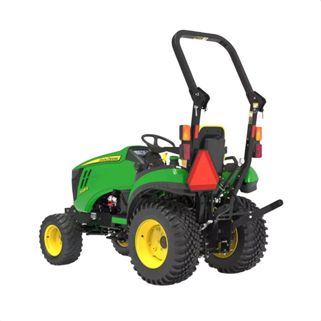 Green and yellow compact utility tractor with roll bar and rugged rear tires for outdoor tools and home improvement tasks