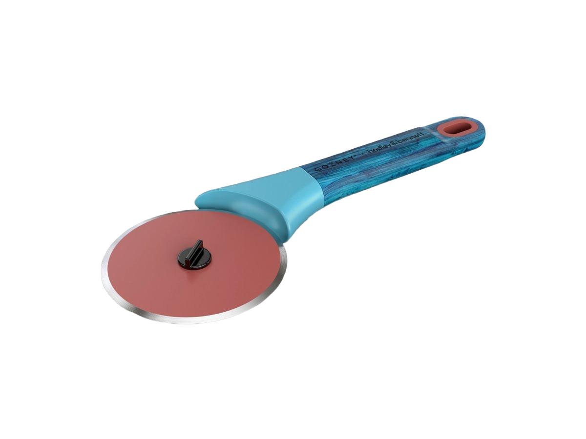 Limited edition pizza cutter with blue wooden handle and red circular stainless steel blade for kitchen use