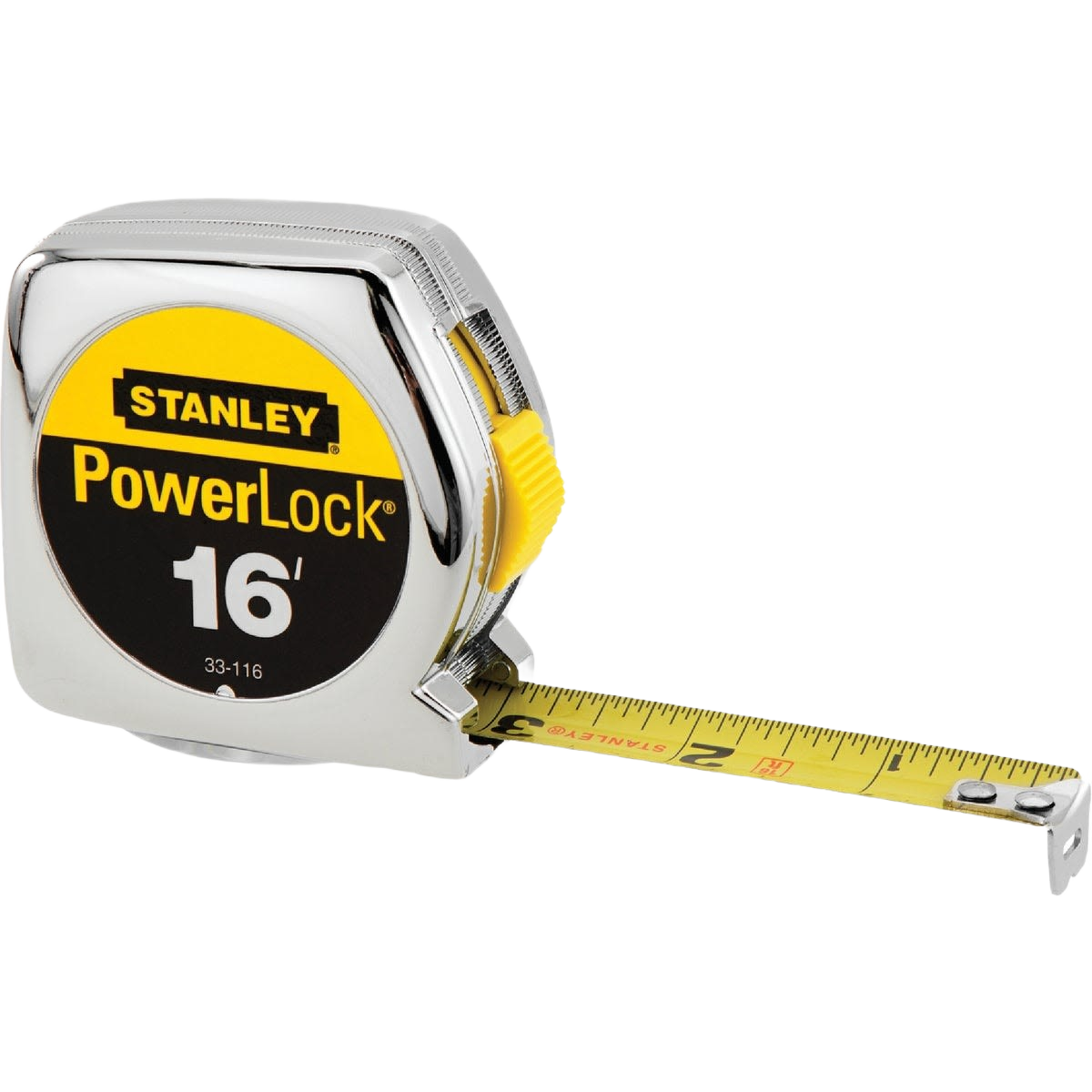 Chrome finish 16-foot tape measure with yellow blade and locking mechanism for precise measurements in woodworking and hand tools