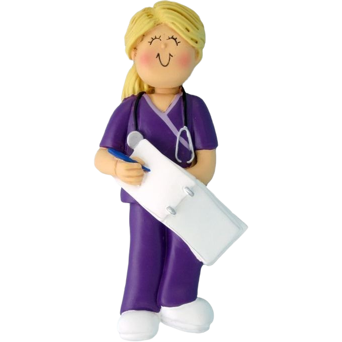 Blonde nurse figurine in purple scrubs holding clipboard and stethoscope for Christmas tree decoration under $50 collection