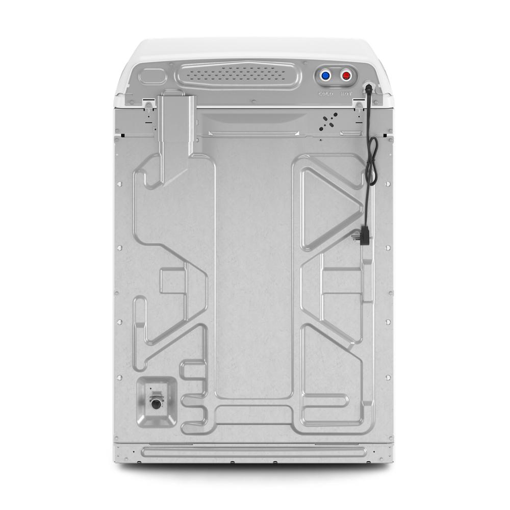 Rear view of a top load washer showing water inlet connections and power cord from washers and appliances collection