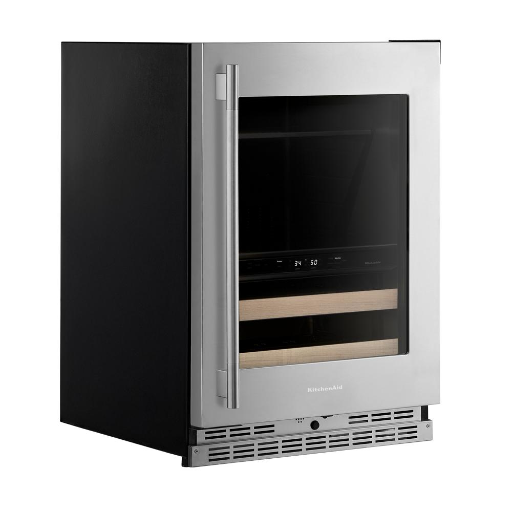 4.8 Cu. Ft. 24-Inch Beverage Center with Right Door Swing and 14-Wine Bottle Capacity with Wood-Front Racks in PrintShield® Stainless Steel