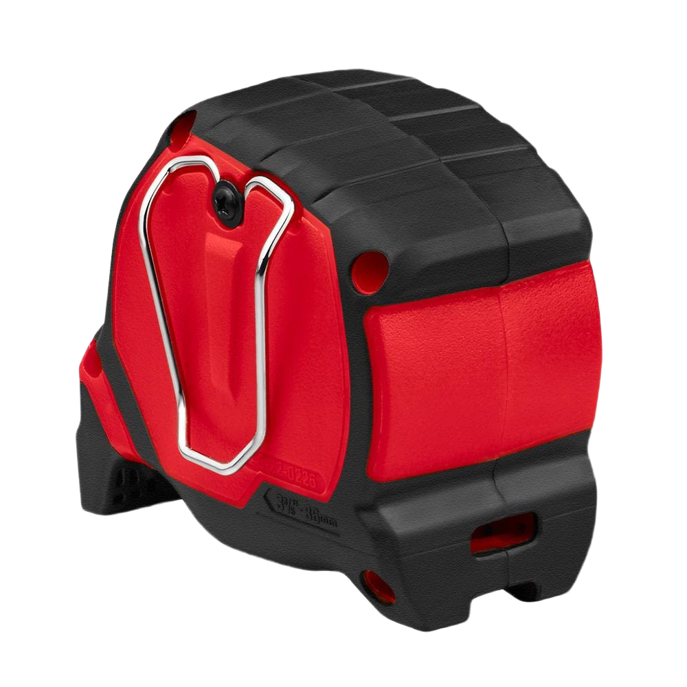 Red and black Milwaukee 25-foot tape measure with wide blade, compact design for accurate home improvement measurements
