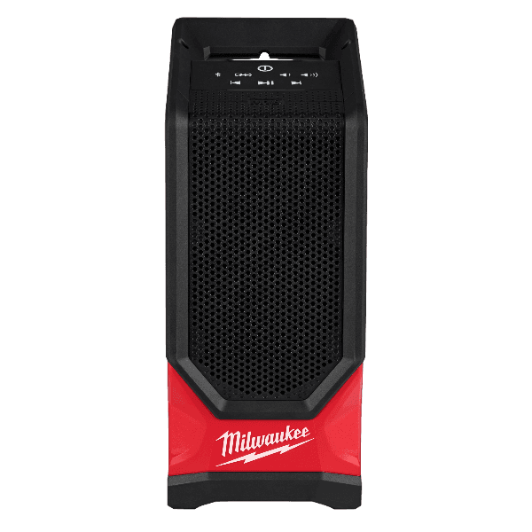 Compact black and red Bluetooth speaker with rugged design for tools and home improvement environments