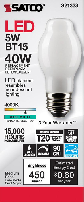 Satco 5 watt BT15 LED bulb with medium base, cool white light, 450 lumens, energy-efficient LED under $50 collection