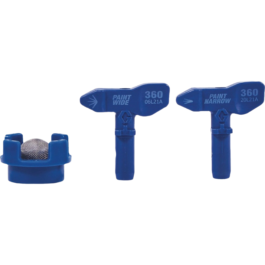 Blue paint spray tips and metal filter screen components for use with paint sprayers and home improvement tools