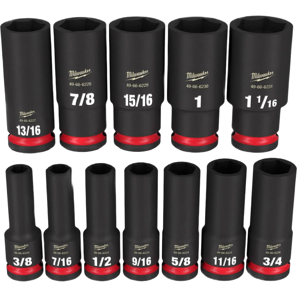 Set of twelve black impact sockets with red ring accents designed for hand tools and home improvement tasks
