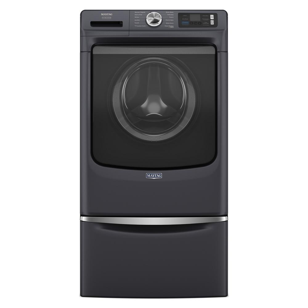 Maytag dark front load dryer with digital controls elevated on a matching storage pedestal from Appliance Parts & Accessories collection
