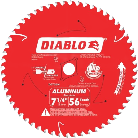 Red 7-1/4-inch high-density carbide circular saw blade with 56 teeth for aluminum cutting in woodworking tools collections