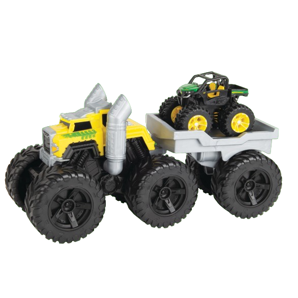 Yellow and black semi truck toy with trailer carrying a smaller green and yellow monster truck for toy and vehicle collections