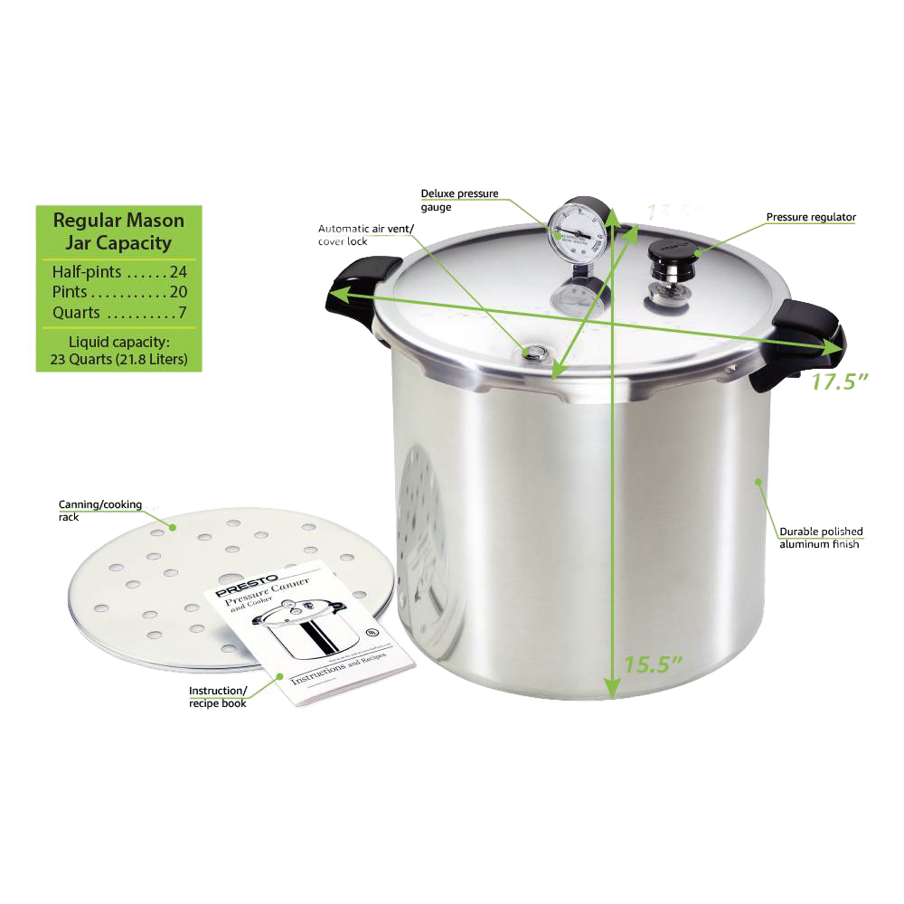 23-quart aluminum pressure canner with pressure gauge, black handles, and perforated insert for Kitchenware collections