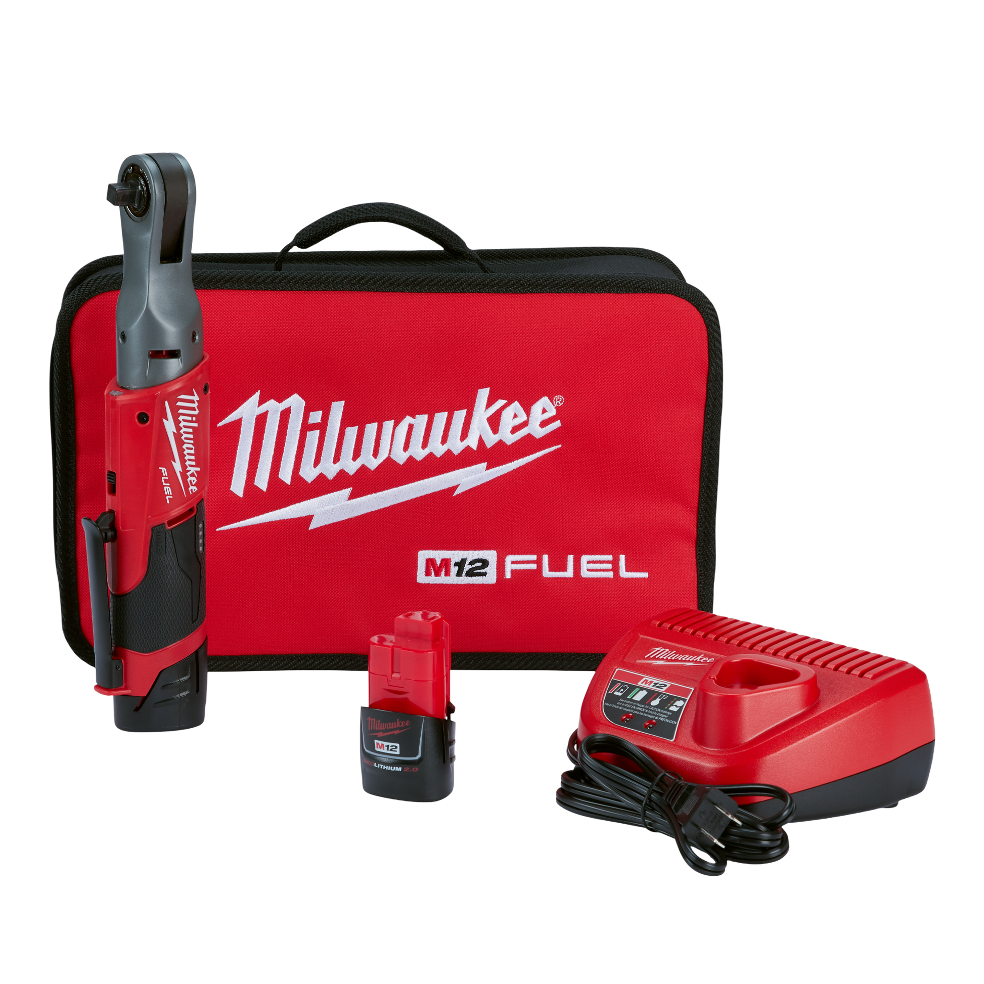 Cordless 3/8 inch ratchet kit with two rechargeable batteries, charger, and branded red carrying case for tools and home improvement tasks