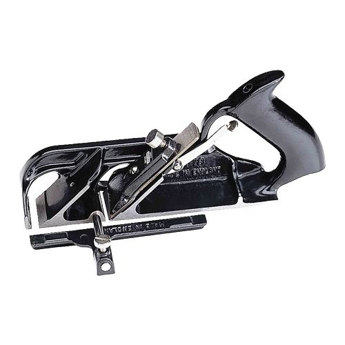 Black and silver bullnose rabbet hand plane with ergonomic handle designed for precise woodworking and home improvement tasks
