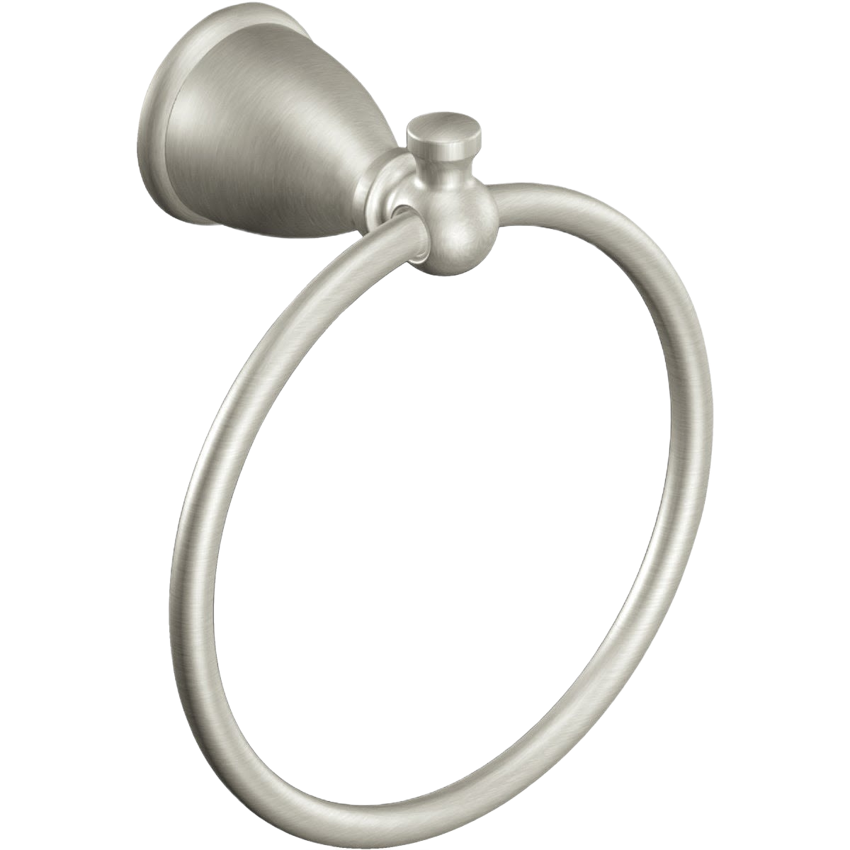 Brushed nickel towel ring with a sleek, modern design for home improvement and bathroom organization.
