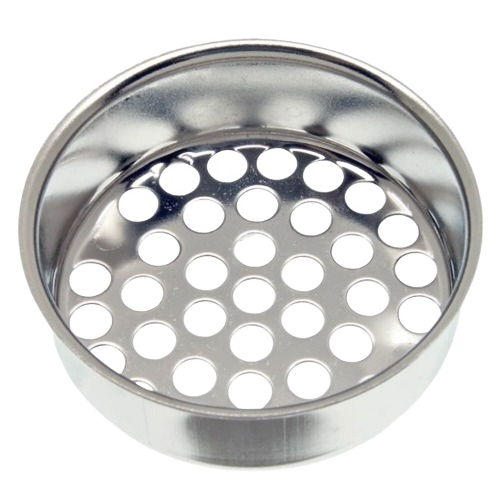 Chrome metal laundry tray cup drain basket with holes for plumbing parts and sink repair applications