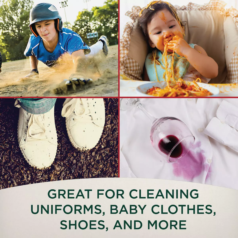 Collage showing dirt and food stains on clothes and shoes highlighting tough stain removal needs