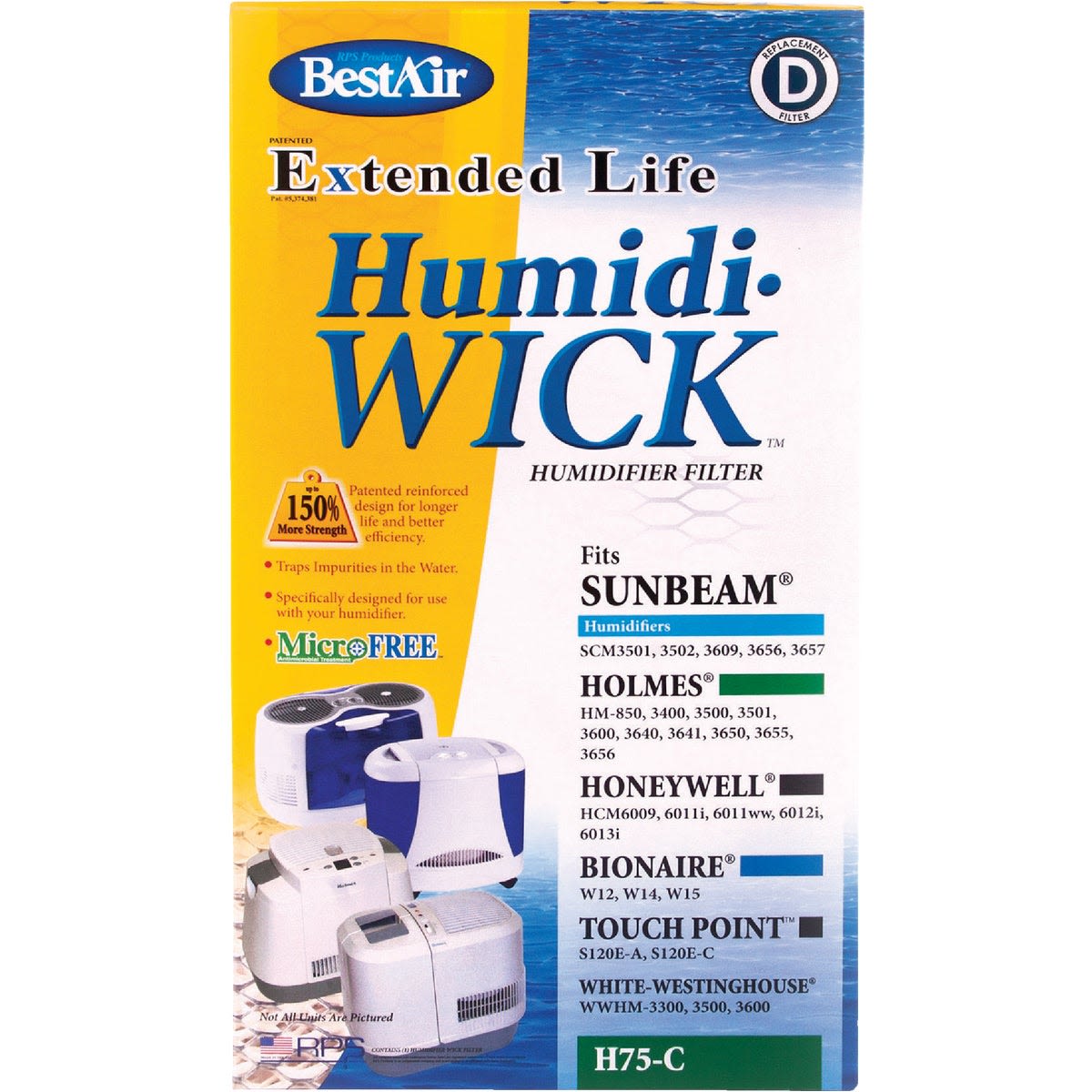 Packaging of BestAir extended life humidifier filter with compatibility details, part of indoor tools and under $50 collections