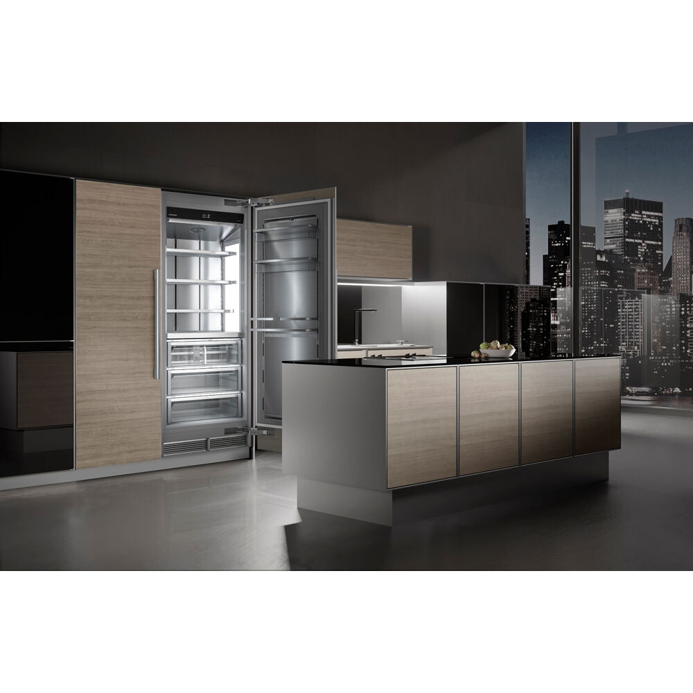 Open built-in 24-inch upright freezer with ice maker and multiple clear shelves in modern kitchen appliances collection