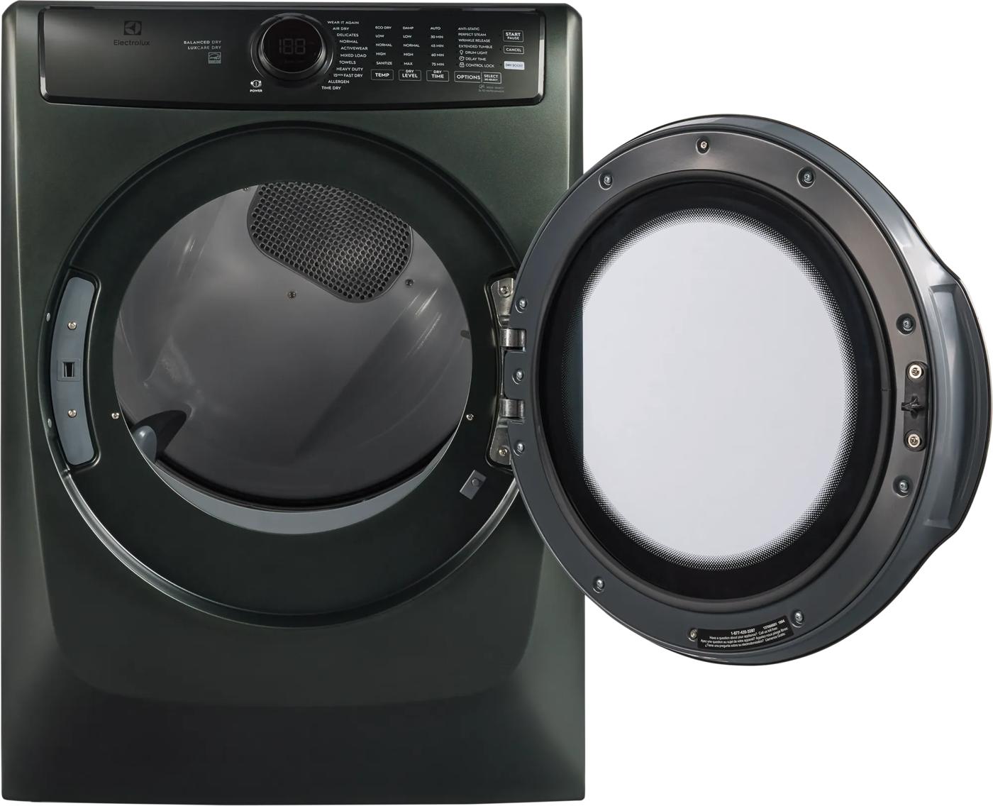 Dark gray front load gas dryer with open door and digital control panel in Dryers and Appliances collection