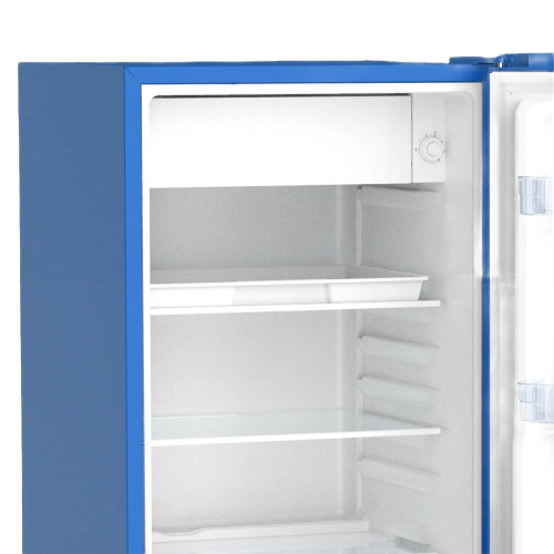 Blue retro-style compact refrigerator open showing adjustable glass shelves and interior freezer compartment in mini refrigerators collection