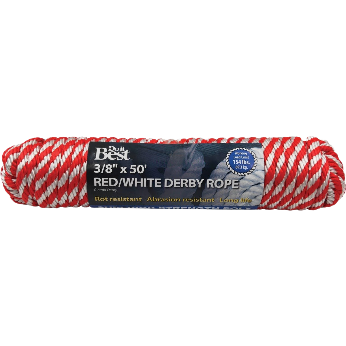 Red and white braided polypropylene rope packaged for versatile use in tools and home improvement projects