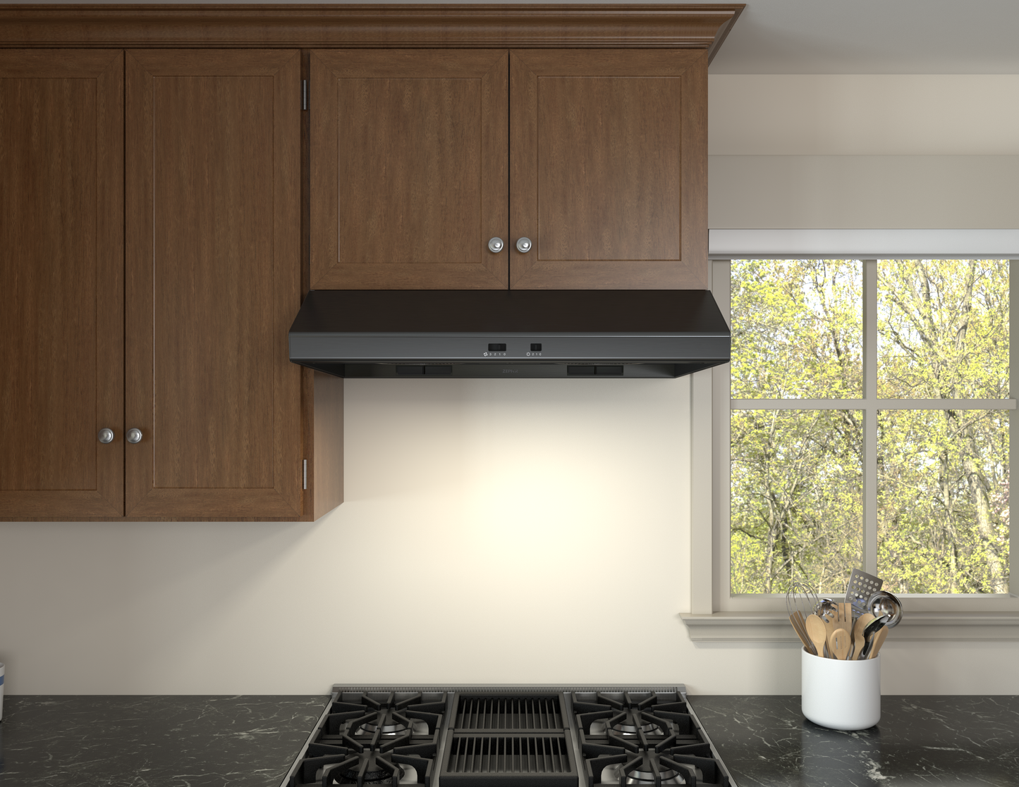 Black under-cabinet range hood installed beneath wooden kitchen cabinets over a stovetop, shown with natural light from nearby window, featured in Under Cabinet Range Hoods and Appliances collections.
