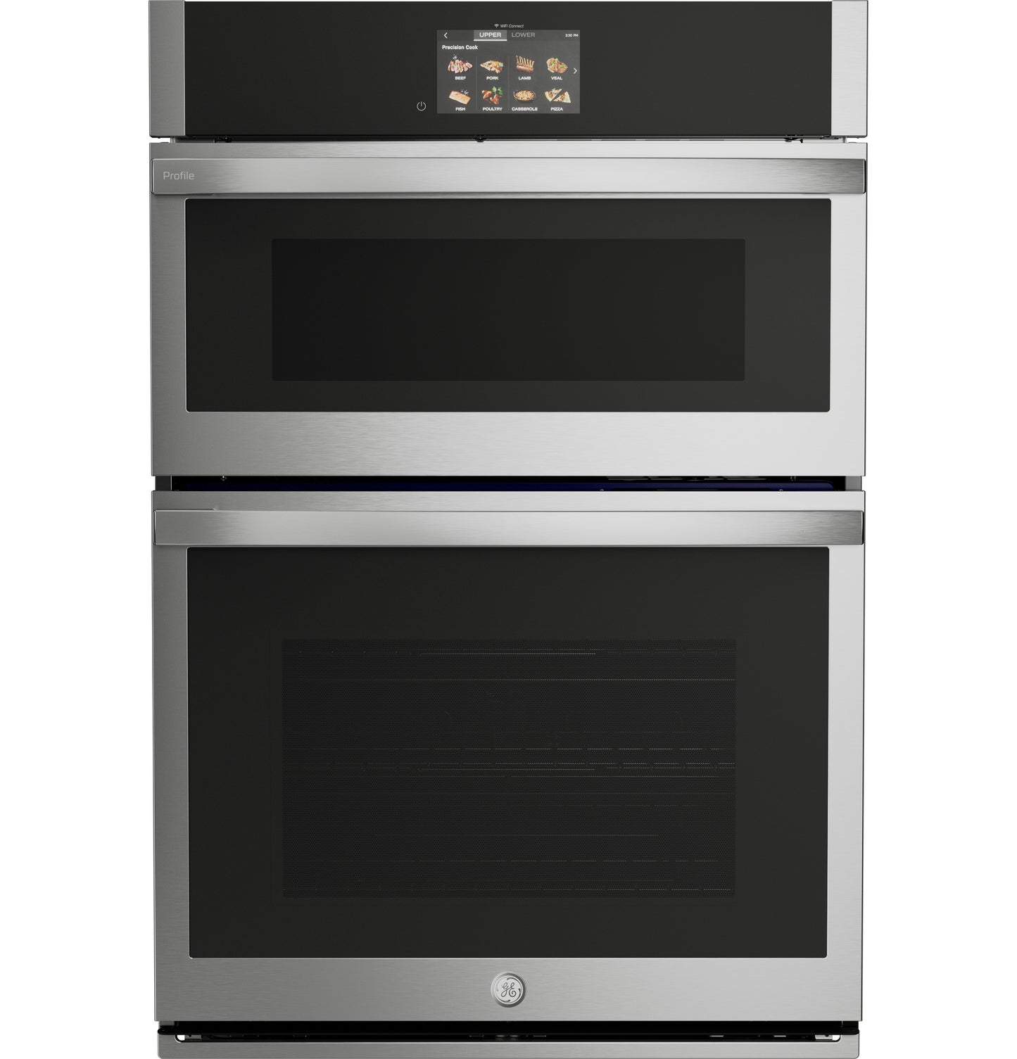 Front view of stainless steel double wall oven with digital touchscreen and convection, part of kitchen appliances collection