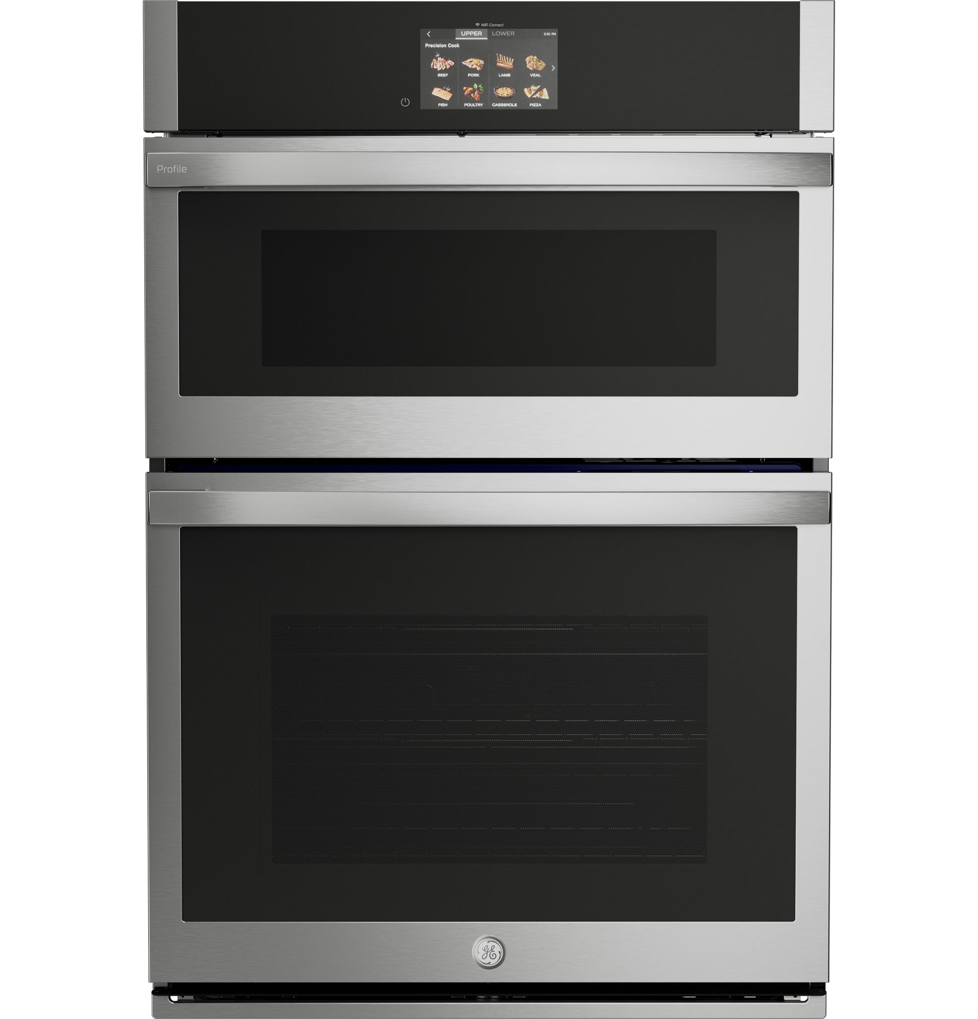 Front view of stainless steel double wall oven with digital touchscreen and convection, part of kitchen appliances collection