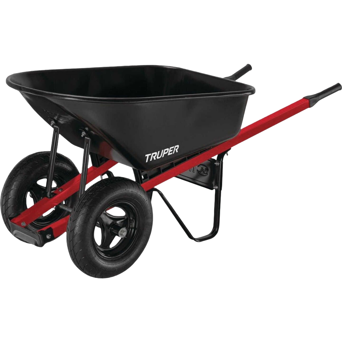 Dual wheel steel wheelbarrow with red handles and black basin for gardening and outdoor tool use
