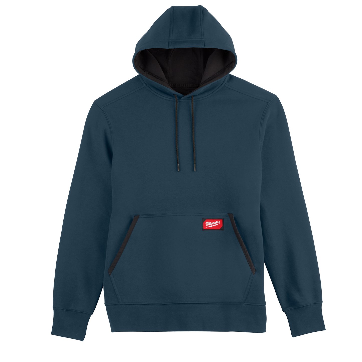 Navy pullover hoodie with stretch fabric, front pouch pocket with black trim, adjustable hood, and red Milwaukee patch