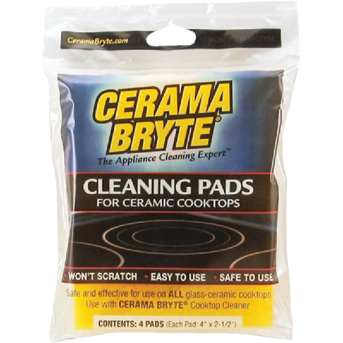 Package of cleaning pads designed for safe use on ceramic cooktops in home improvement cleaning supplies collections