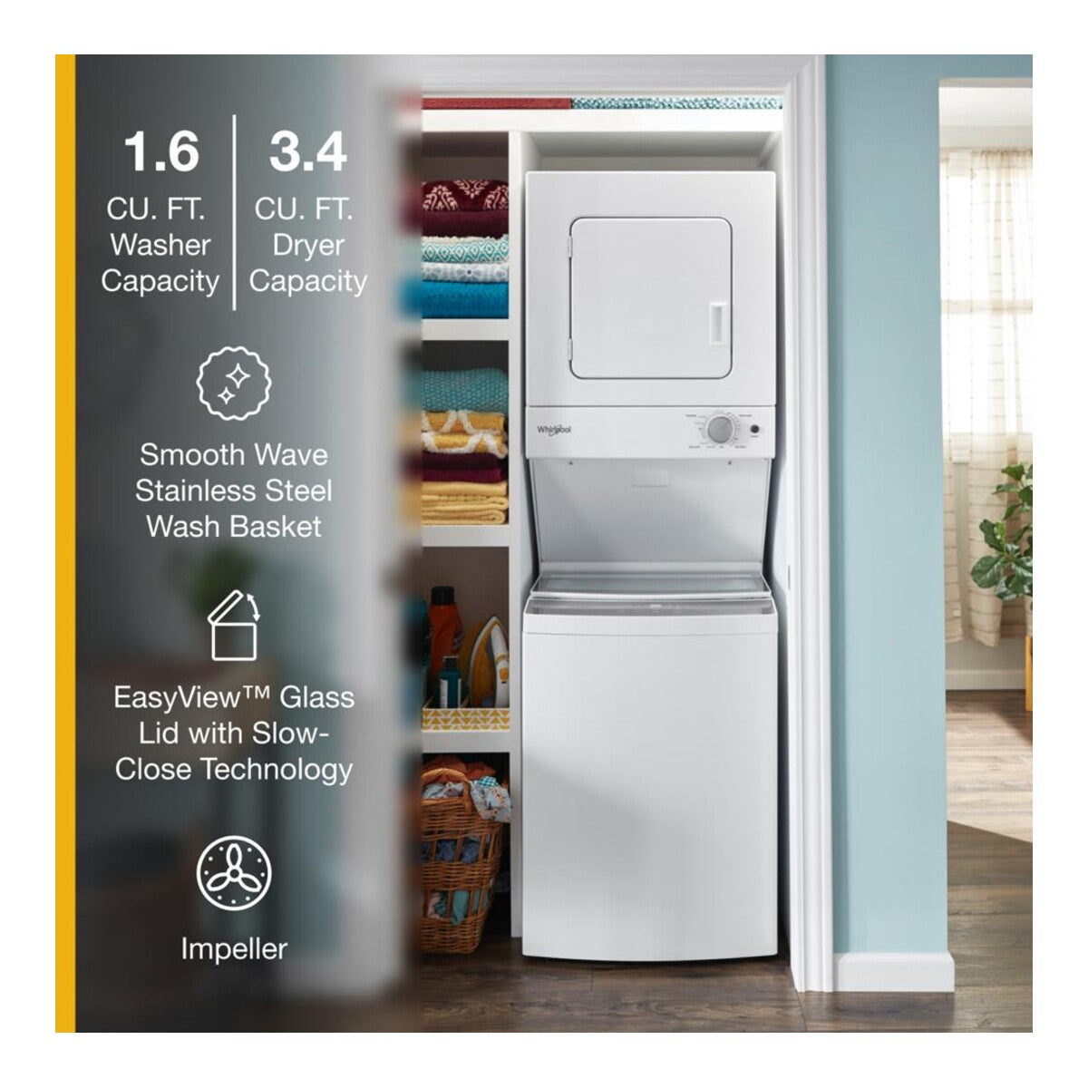 1.6 cu.ft, 120V/20A Electric Stacked Laundry Center with 6 Wash cycles and Wrinkle Shield™