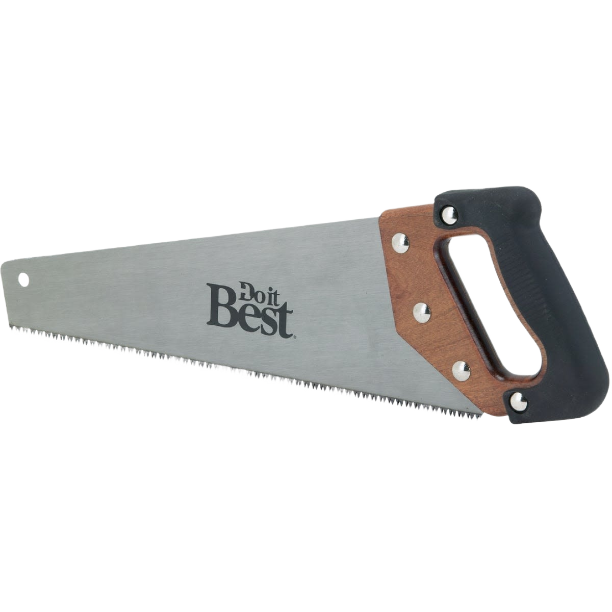 Hand saw with wood and rubber handle featuring a 15-inch blade for woodcutting in home improvement projects