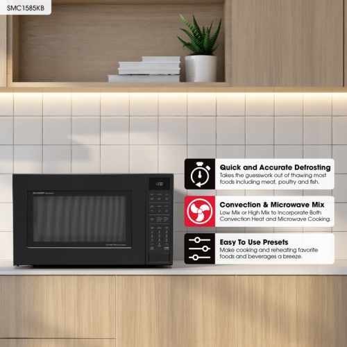 Black countertop microwave oven with digital control panel and convection cooking features in modern kitchen setting