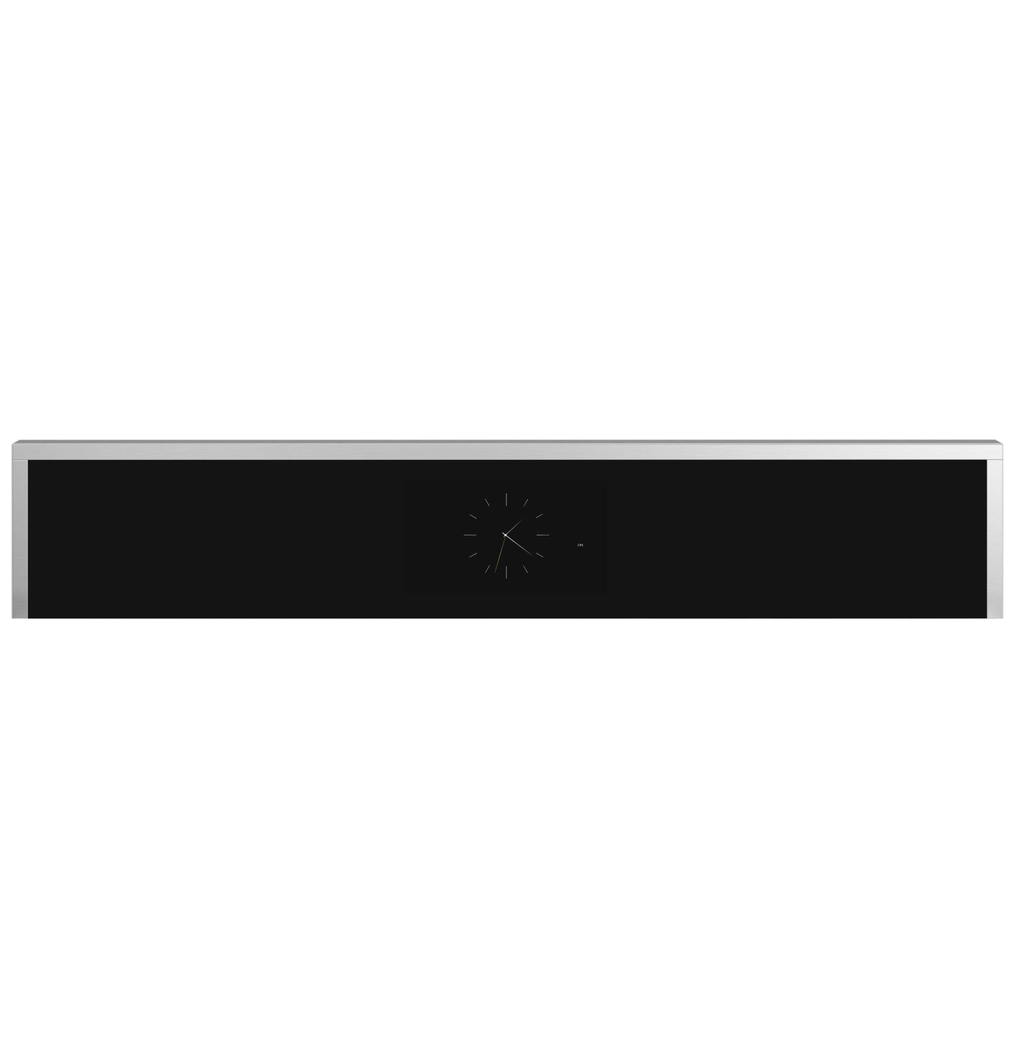 Sleek black and stainless steel minimalist control panel with analog clock for advanced wall oven in kitchen appliances collection