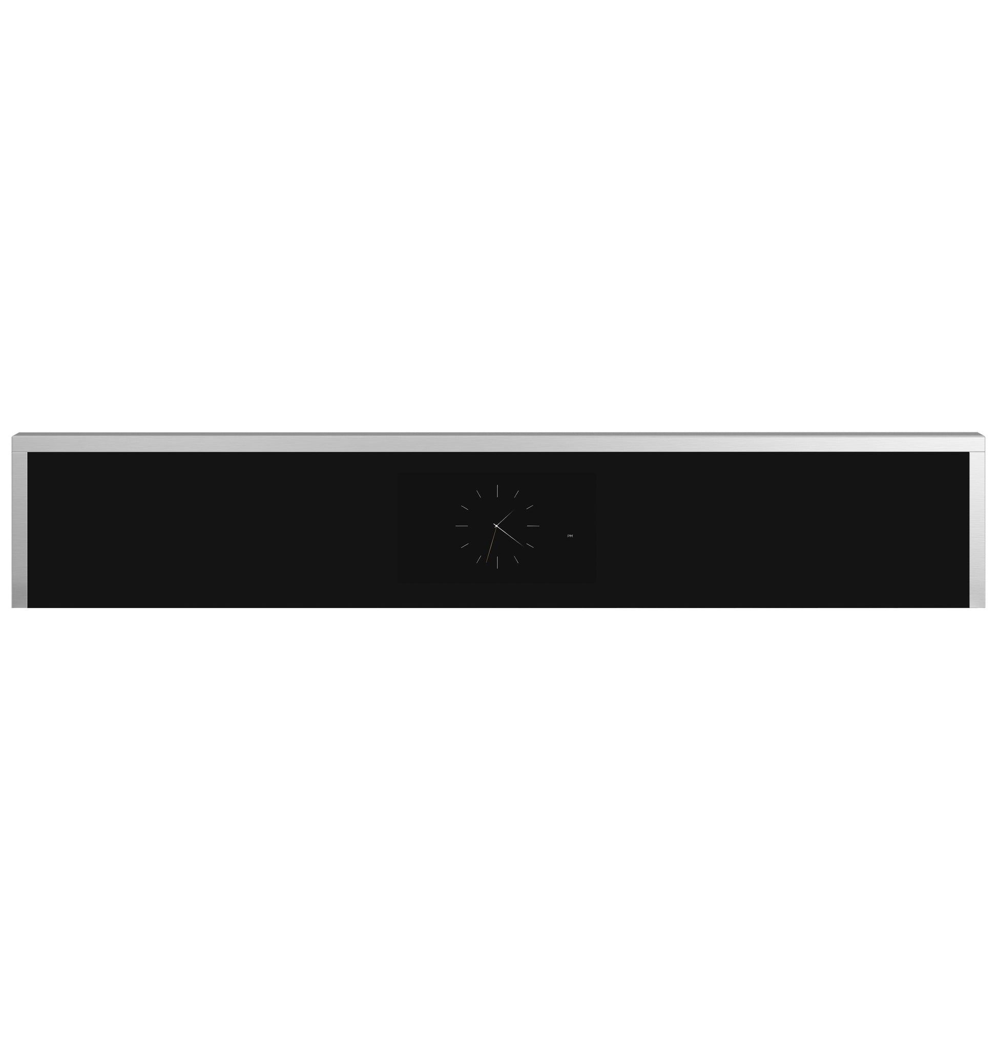 Sleek black and stainless steel minimalist control panel with analog clock for advanced wall oven in kitchen appliances collection