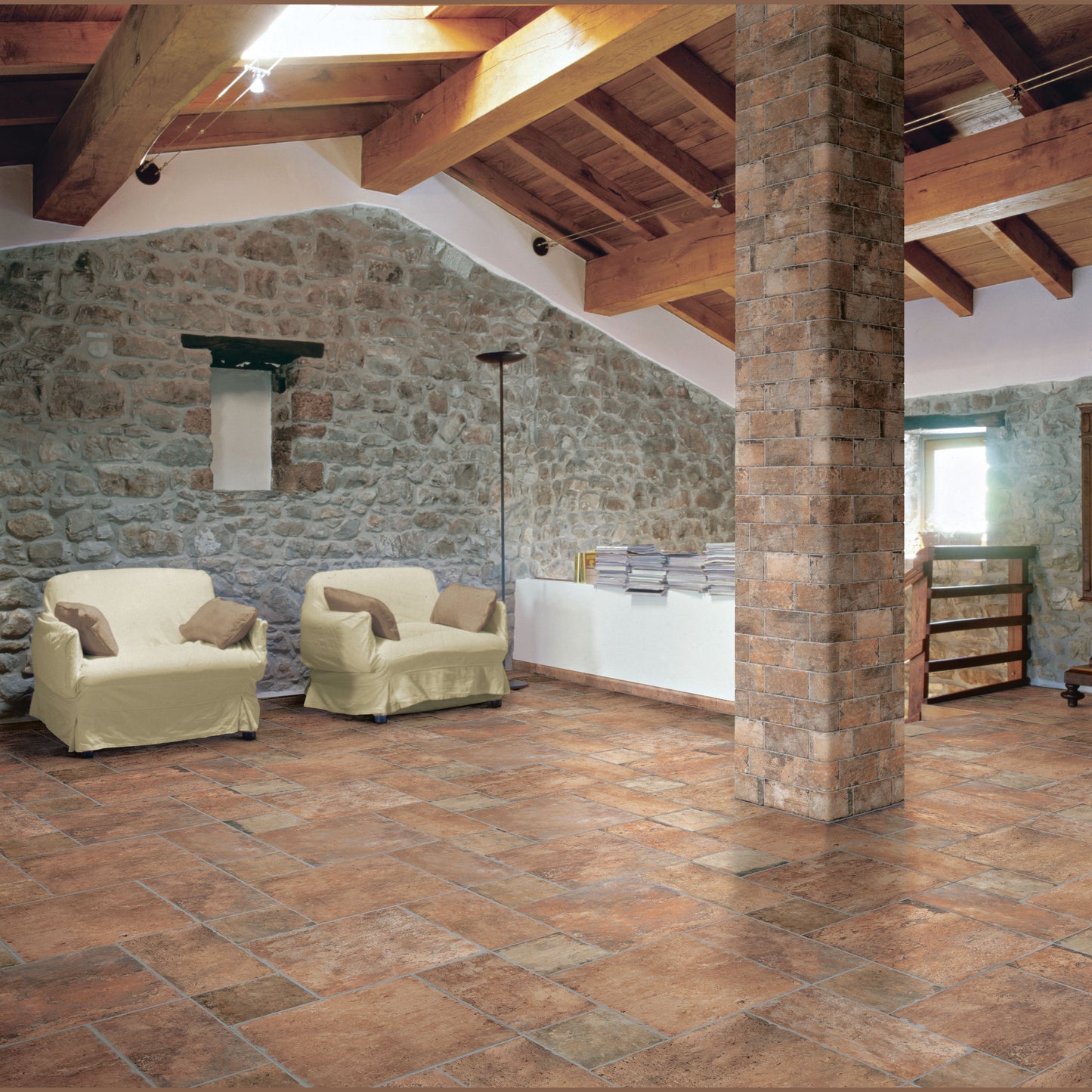Rustic warm brown porcelain tile flooring with matte finish in a spacious living area for home improvement and tile flooring projects