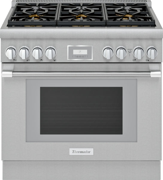 Stainless steel gas range with six burners, digital display, and professional design from Thermador Ranges collection